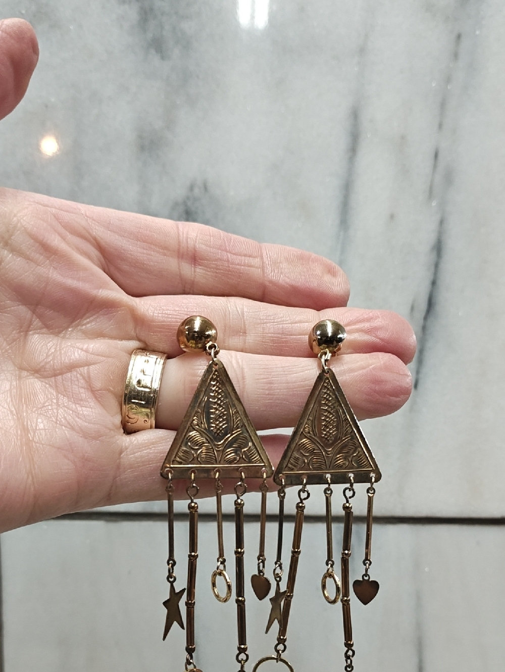 Gold-Tone Triangle Drop Earrings with Charms - Women Jewelry